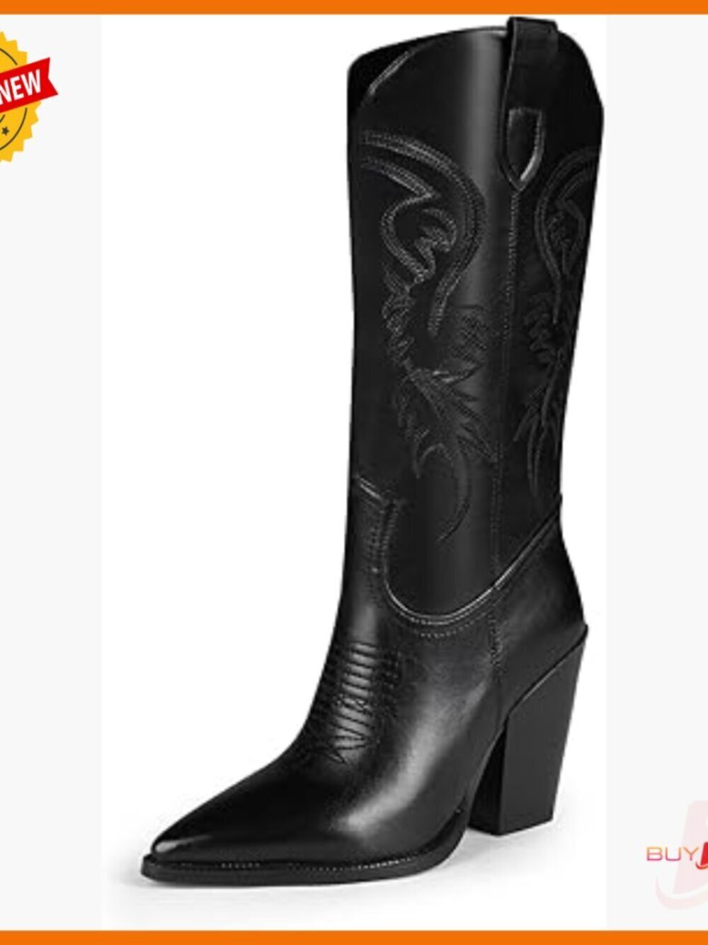Pointed Toe Western Boots with Chunky Heel, Mid-Calf Height